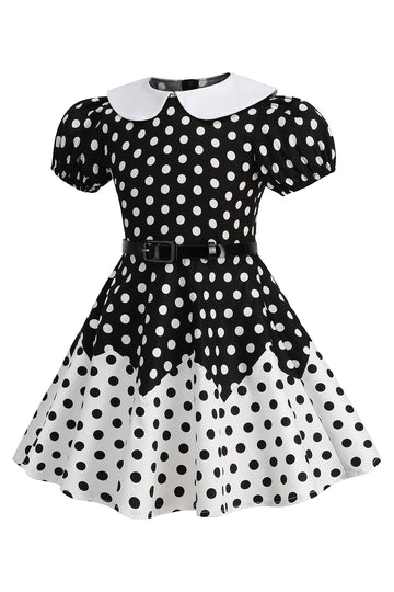 Robe Fille A Ligne Noire à Pois à Manches Bouffantes